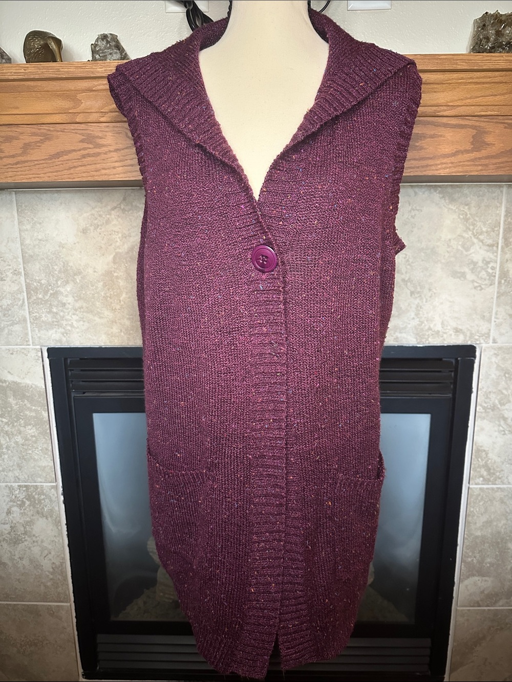 Christopher & Banks XL Burgundy Tweed Knit Long Sweater Vest Cardigan
